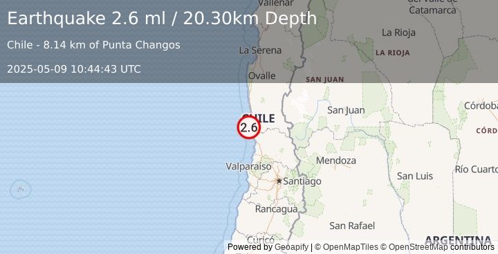 Earthquake OFFSHORE COQUIMBO, CHILE (2.6 ml) (2025-05-09 10:44:43 UTC)