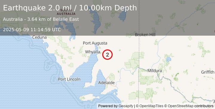 Earthquake NEAR COAST OF SOUTH AUSTRALIA (2.0 ml) (2025-05-09 11:14:59 UTC)