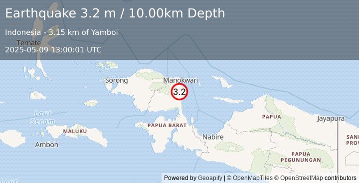 Earthquake NEAR N COAST OF PAPUA, INDONESIA (3.2 m) (2025-05-09 13:00:01 UTC)