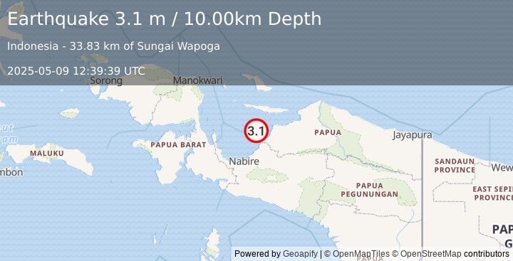 Earthquake NEAR N COAST OF PAPUA, INDONESIA (3.1 m) (2025-05-09 12:39:39 UTC)