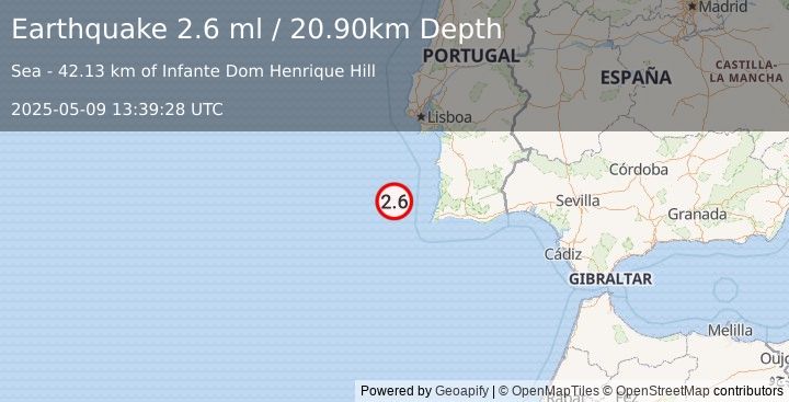 Earthquake PORTUGAL (2.6 ml) (2025-05-09 13:39:28 UTC)