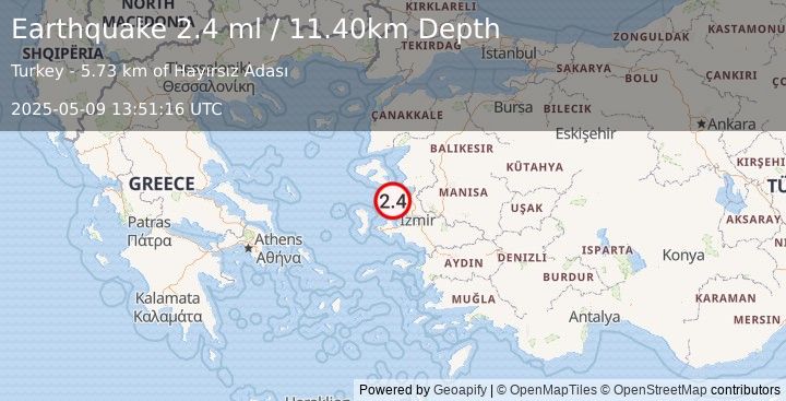 Earthquake NEAR THE COAST OF WESTERN TURKEY (2.2 ml) (2025-05-09 13:51:15 UTC)