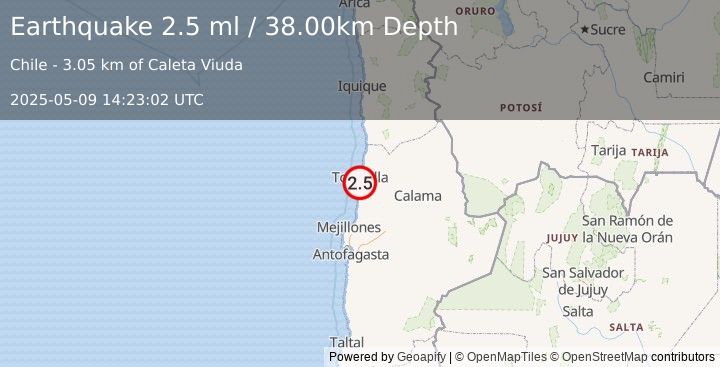 Earthquake ANTOFAGASTA, CHILE (2.5 ml) (2025-05-09 14:23:02 UTC)