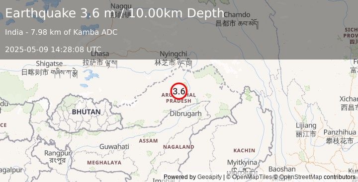 Earthquake ARUNACHAL PRADESH, INDIA (3.6 m) (2025-05-09 14:28:08 UTC)