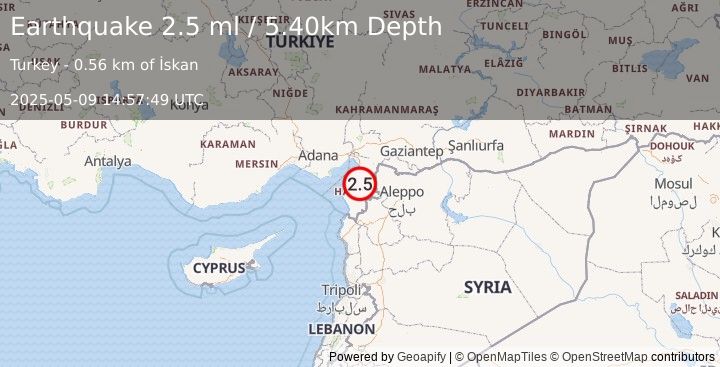 Earthquake TURKEY-SYRIA BORDER REGION (2.5 ml) (2025-05-09 14:57:48 UTC)