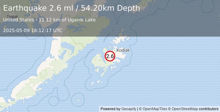 Earthquake KODIAK ISLAND REGION, ALASKA (2.6 ml) (2025-05-09 16:12:17 UTC)