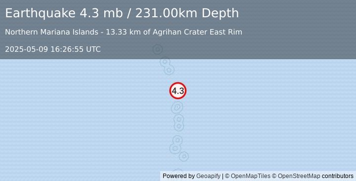 Earthquake PAGAN REG., N. MARIANA ISLANDS (4.3 mb) (2025-05-09 16:26:55 UTC)