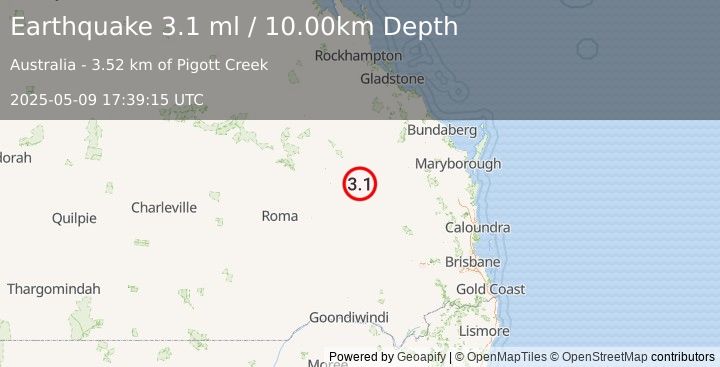 Earthquake QUEENSLAND, AUSTRALIA (3.1 ml) (2025-05-09 17:39:15 UTC)