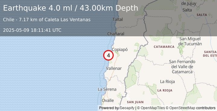 Earthquake OFFSHORE ATACAMA, CHILE (4.0 ml) (2025-05-09 18:11:41 UTC)