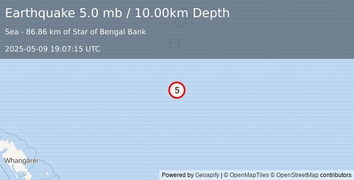 Earthquake SOUTH OF KERMADEC ISLANDS (5.0 mb) (2025-05-09 19:07:15 UTC)