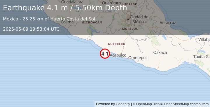Earthquake OFFSHORE GUERRERO, MEXICO (4.1 m) (2025-05-09 19:53:04 UTC)