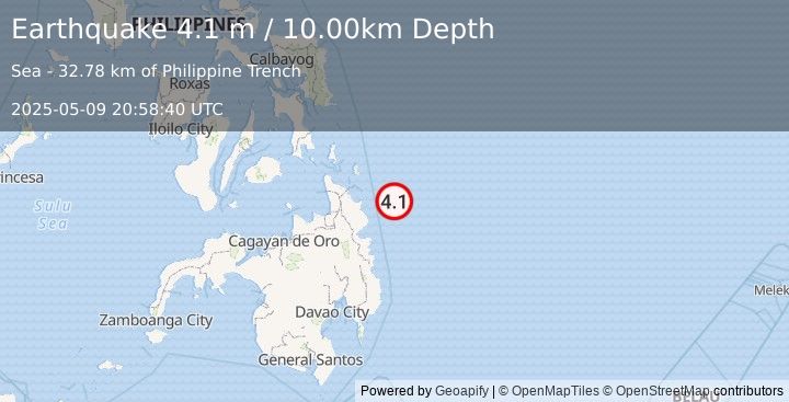 Earthquake MINDANAO, PHILIPPINES (4.1 m) (2025-05-09 20:58:40 UTC)