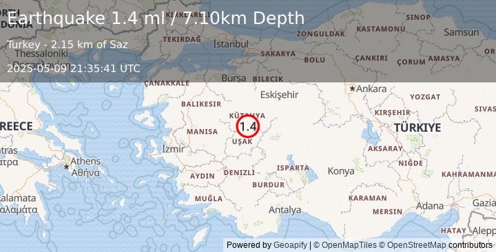 Earthquake WESTERN TURKEY (1.4 ml) (2025-05-09 21:35:41 UTC)
