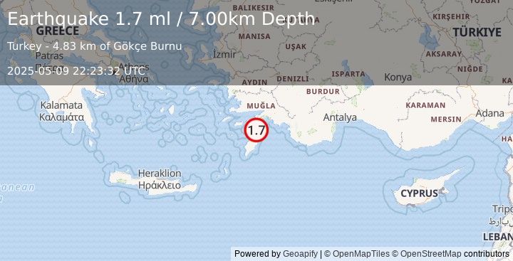 Earthquake DODECANESE IS.-TURKEY BORDER REG (1.7 ml) (2025-05-09 22:23:32 UTC)