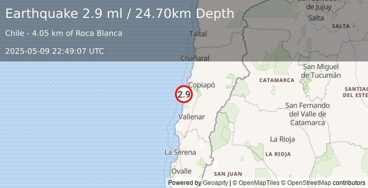 Earthquake OFFSHORE ATACAMA, CHILE (2.9 ml) (2025-05-09 22:49:07 UTC)