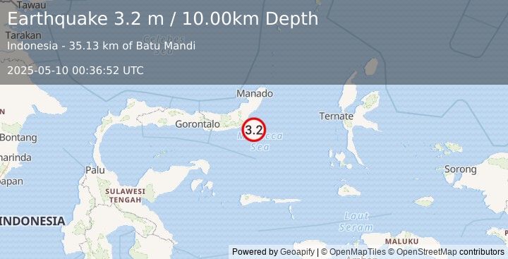 Earthquake MINAHASA, SULAWESI, INDONESIA (3.2 m) (2025-05-10 00:36:52 UTC)