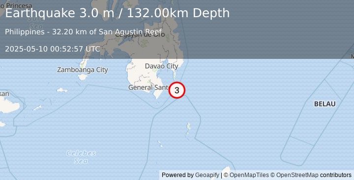 Earthquake MINDANAO, PHILIPPINES (3.0 m) (2025-05-10 00:52:57 UTC)