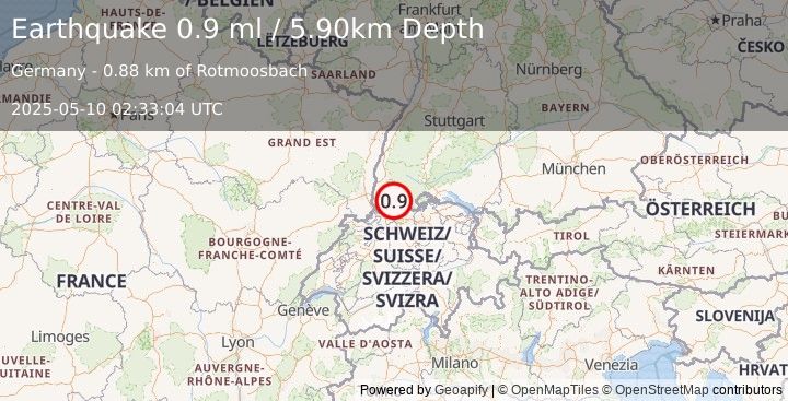 Earthquake FRANCE-GERMANY BORDER REGION (0.9 ml) (2025-05-10 02:33:04 UTC)