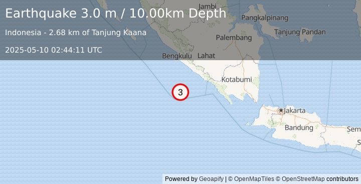 Earthquake SOUTHERN SUMATRA, INDONESIA (3.0 m) (2025-05-10 02:44:11 UTC)