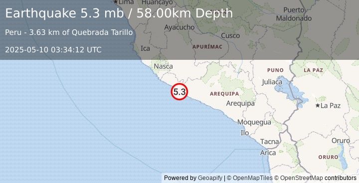 Earthquake NEAR COAST OF SOUTHERN PERU (5.1 mw) (2025-05-10 03:34:07 UTC)