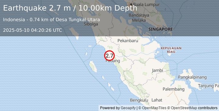Earthquake SOUTHERN SUMATRA, INDONESIA (2.7 m) (2025-05-10 04:20:26 UTC)