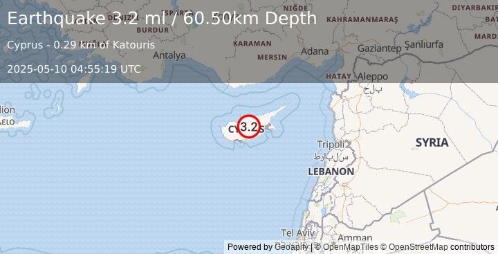 Earthquake CYPRUS REGION (3.2 ml) (2025-05-10 04:55:19 UTC)