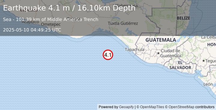 Earthquake OFF COAST OF CHIAPAS, MEXICO (4.1 m) (2025-05-10 04:49:25 UTC)