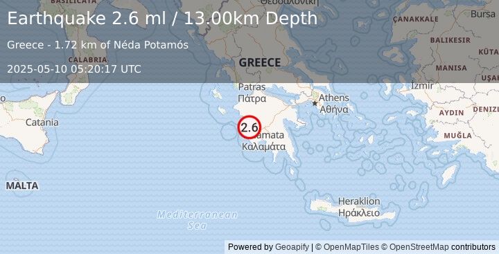 Earthquake SOUTHERN GREECE (2.6 ml) (2025-05-10 05:20:17 UTC)