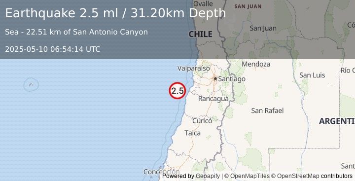 Earthquake OFFSHORE O'HIGGINS, CHILE (2.5 ml) (2025-05-10 06:54:14 UTC)