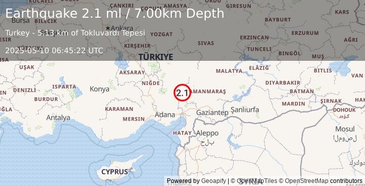 Earthquake CENTRAL TURKEY (2.1 ml) (2025-05-10 06:45:22 UTC)