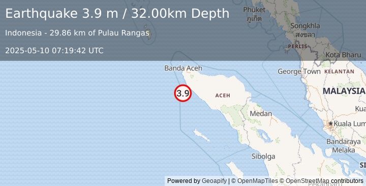 Earthquake NORTHERN SUMATRA, INDONESIA (3.9 m) (2025-05-10 07:19:42 UTC)