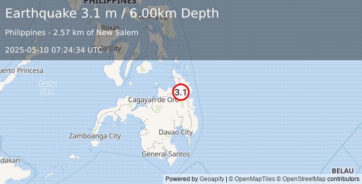Earthquake MINDANAO, PHILIPPINES (3.1 m) (2025-05-10 07:24:34 UTC)