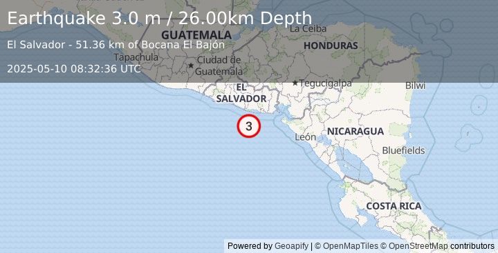 Earthquake OFFSHORE EL SALVADOR (3.0 m) (2025-05-10 08:32:36 UTC)
