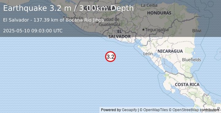 Earthquake OFF THE COAST OF EL SALVADOR (3.2 m) (2025-05-10 09:03:00 UTC)
