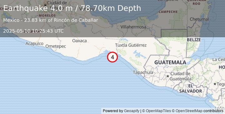 Earthquake OFFSHORE OAXACA, MEXICO (4.0 m) (2025-05-10 10:25:43 UTC)
