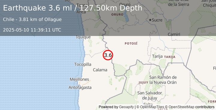 Earthquake ANTOFAGASTA, CHILE (3.6 ml) (2025-05-10 11:39:11 UTC)