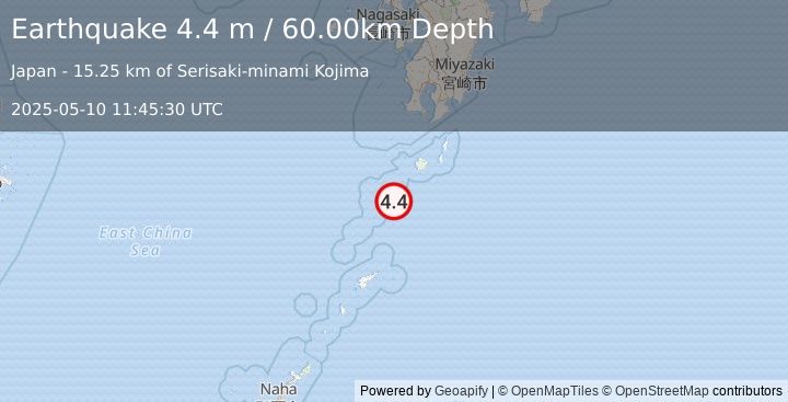 Earthquake RYUKYU ISLANDS, JAPAN (4.7 mb) (2025-05-10 11:45:15 UTC)