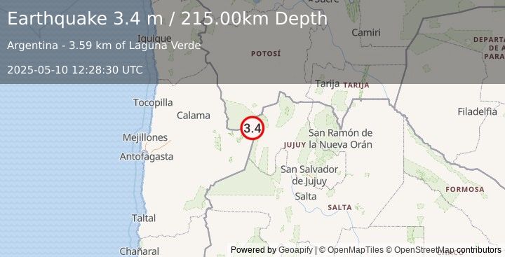 Earthquake JUJUY, ARGENTINA (3.4 m) (2025-05-10 12:28:30 UTC)