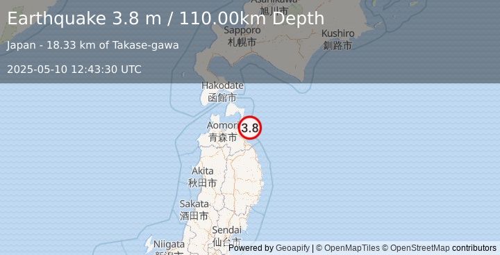 Earthquake NEAR EAST COAST OF HONSHU, JAPAN (3.8 m) (2025-05-10 12:43:30 UTC)