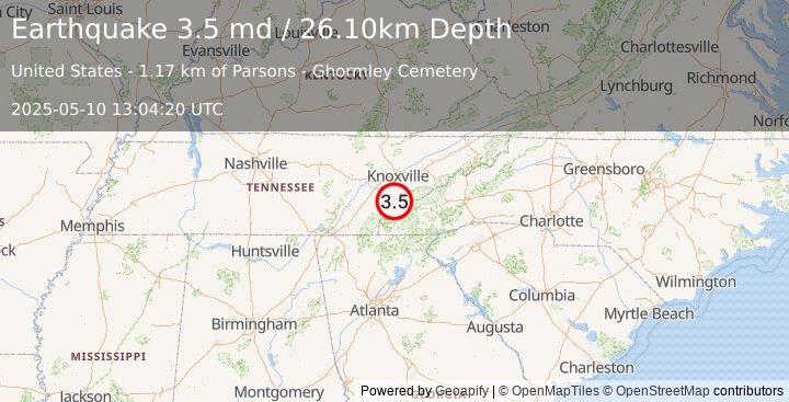 Earthquake EASTERN TENNESSEE (3.5 md) (2025-05-10 13:04:20 UTC)