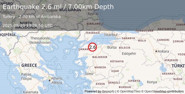 Earthquake WESTERN TURKEY (2.6 ml) (2025-05-10 13:26:50 UTC)