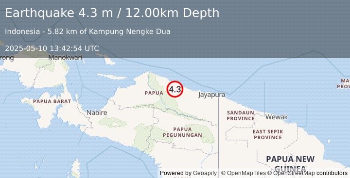 Earthquake NEAR N COAST OF PAPUA, INDONESIA (4.3 m) (2025-05-10 13:42:54 UTC)