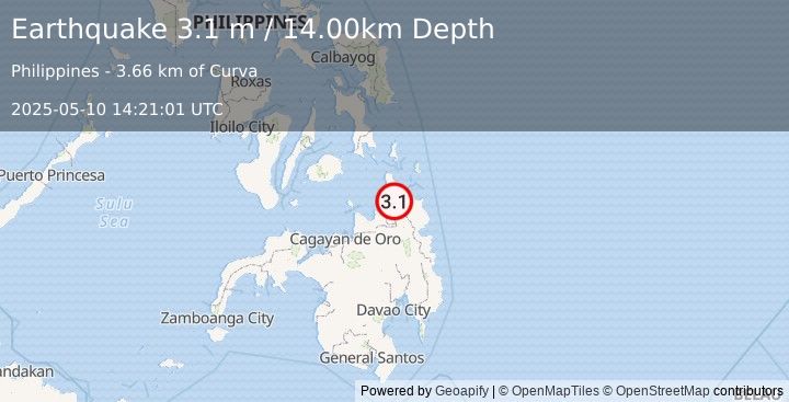 Earthquake MINDANAO, PHILIPPINES (3.1 m) (2025-05-10 14:21:01 UTC)
