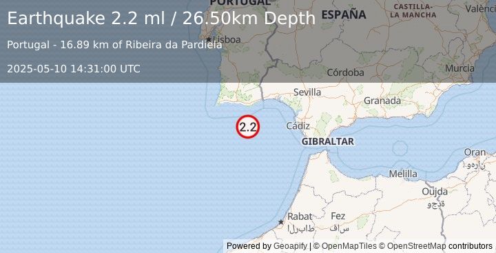 Earthquake STRAIT OF GIBRALTAR (2.2 ml) (2025-05-10 14:31:00 UTC)