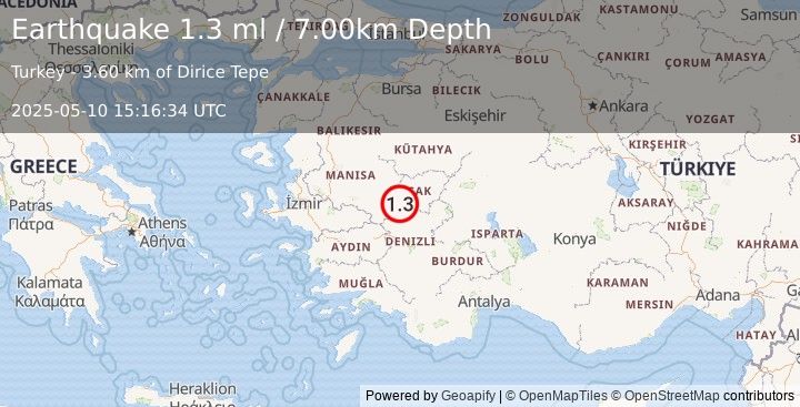 Earthquake WESTERN TURKEY (1.3 ml) (2025-05-10 15:16:34 UTC)