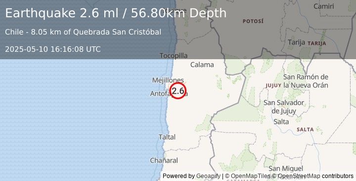 Earthquake ANTOFAGASTA, CHILE (2.6 ml) (2025-05-10 16:16:08 UTC)