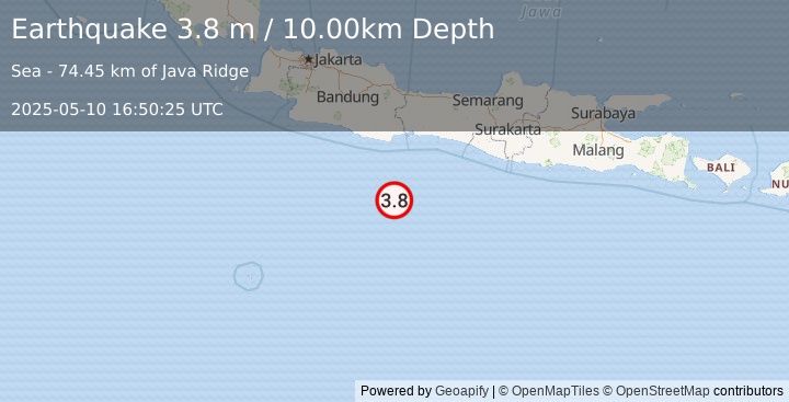 Earthquake SOUTH OF JAVA, INDONESIA (3.8 m) (2025-05-10 16:50:25 UTC)