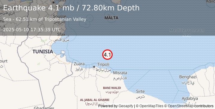 Earthquake CENTRAL MEDITERRANEAN SEA (4.1 mb) (2025-05-10 17:35:39 UTC)