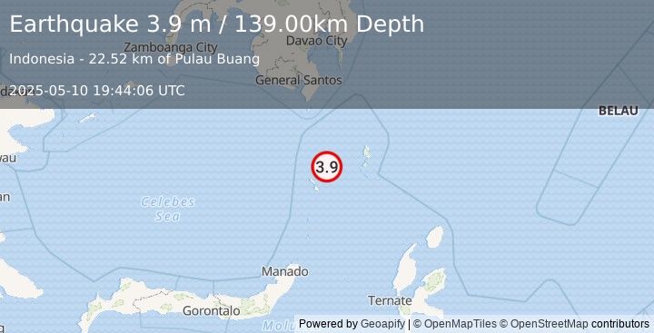 Earthquake KEPULAUAN SANGIHE, INDONESIA (3.9 m) (2025-05-10 19:44:06 UTC)
