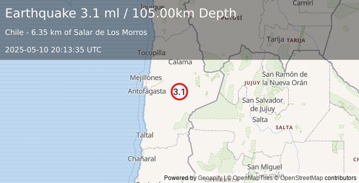 Earthquake ANTOFAGASTA, CHILE (3.1 ml) (2025-05-10 20:13:35 UTC)